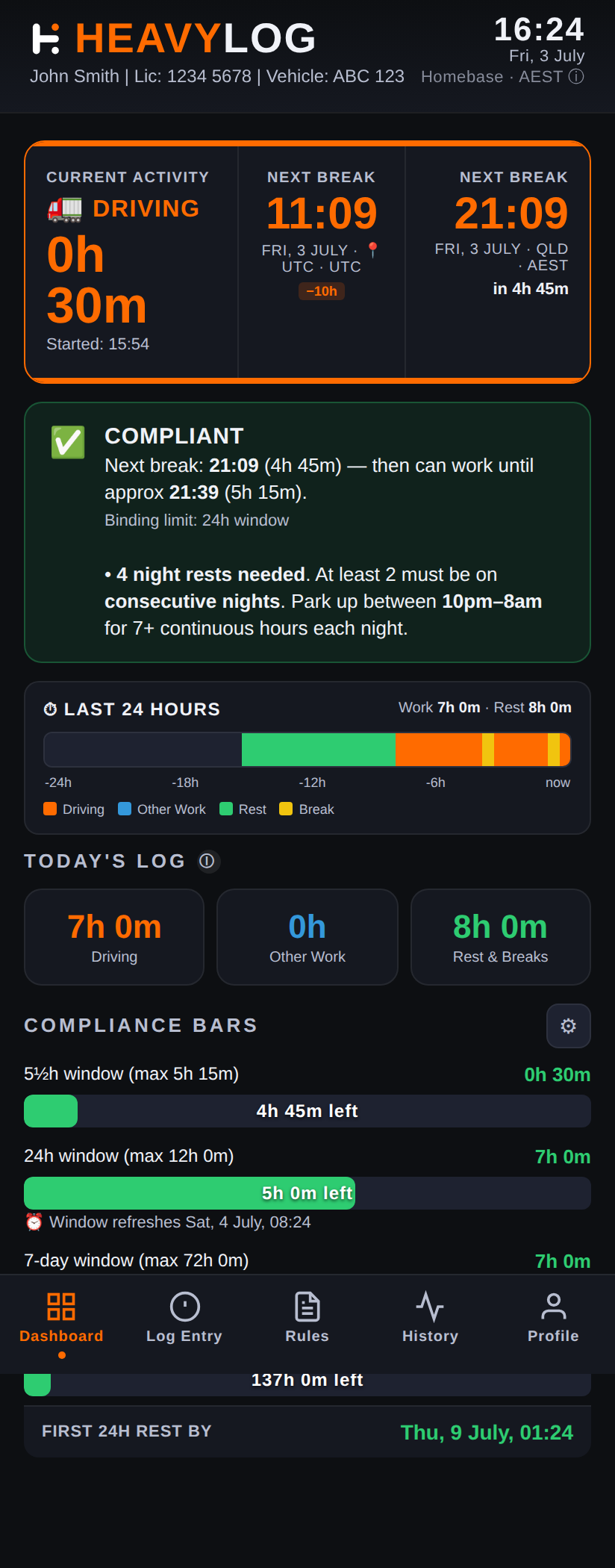Dashboard showing status card, alert banner and compliance bars