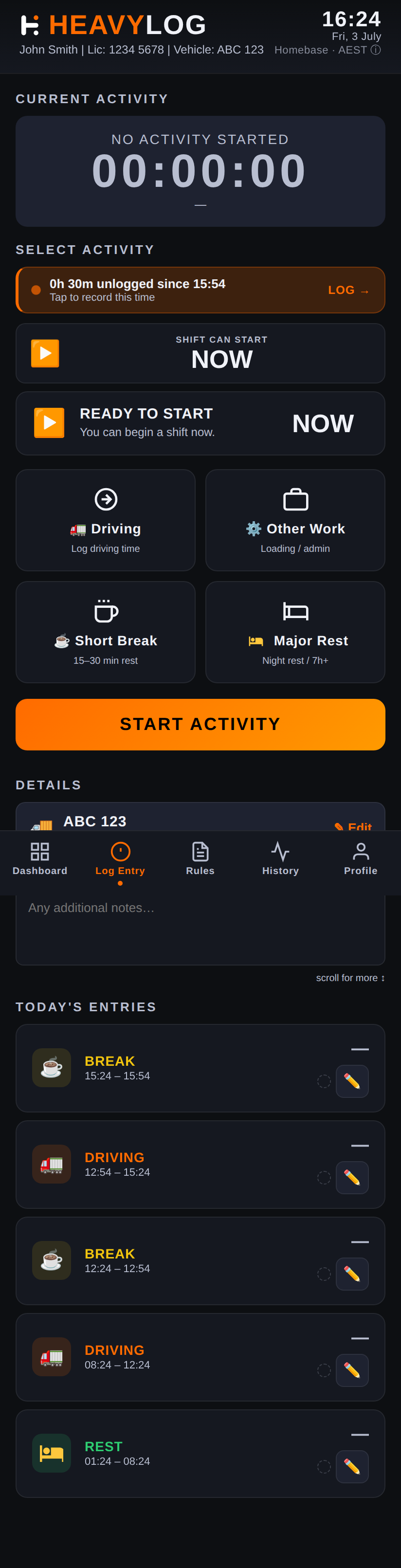 Log Entry tab with activity buttons