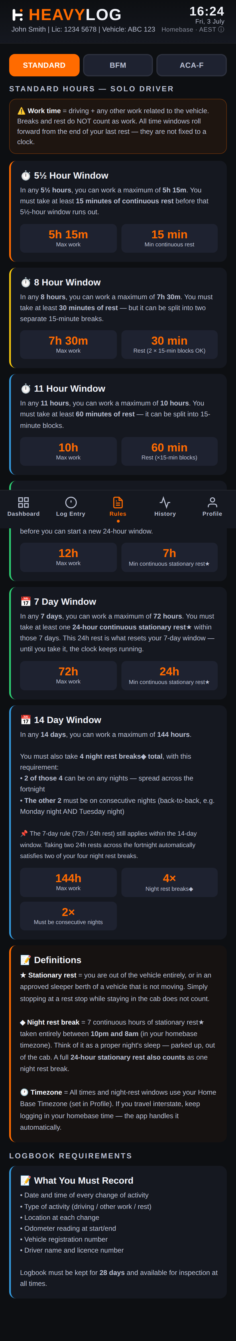 Rules tab showing Standard Hours