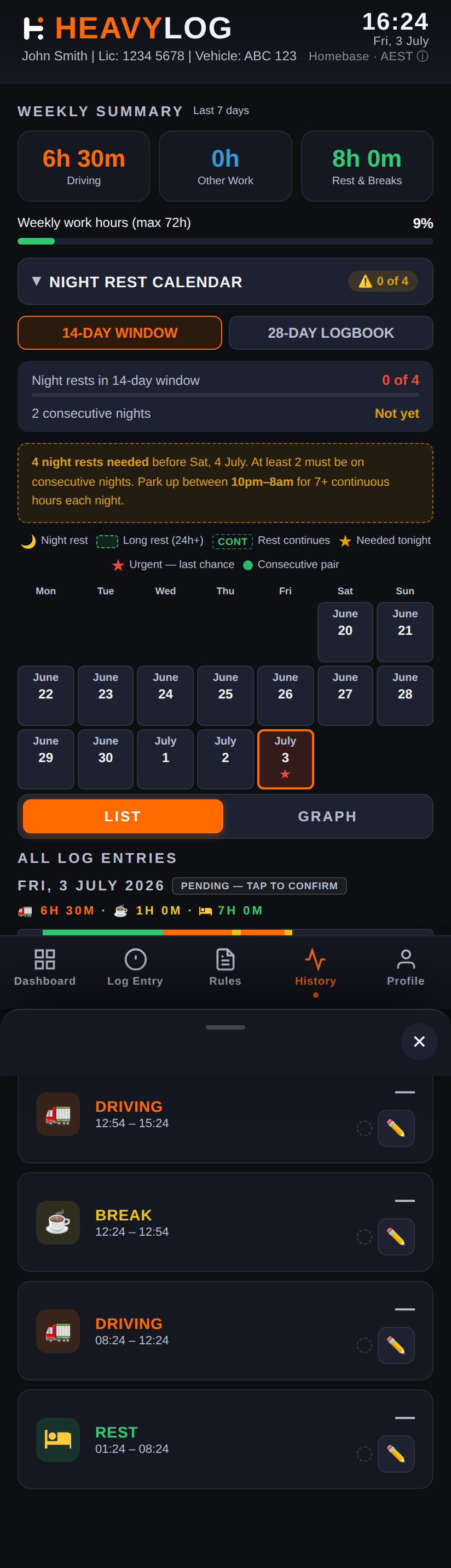 History tab with weekly summary and log entries