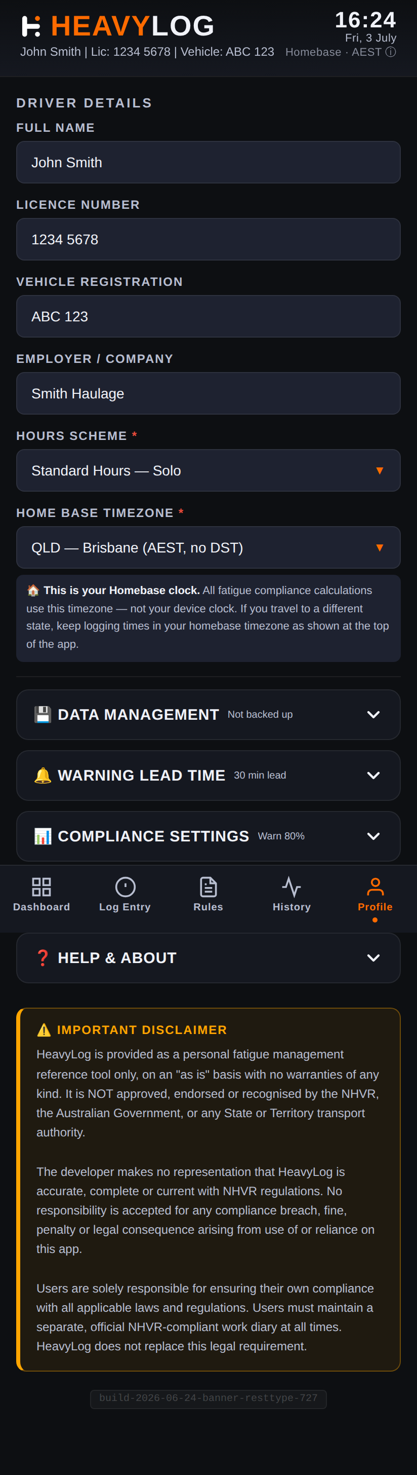 Profile tab with driver details, settings and action buttons