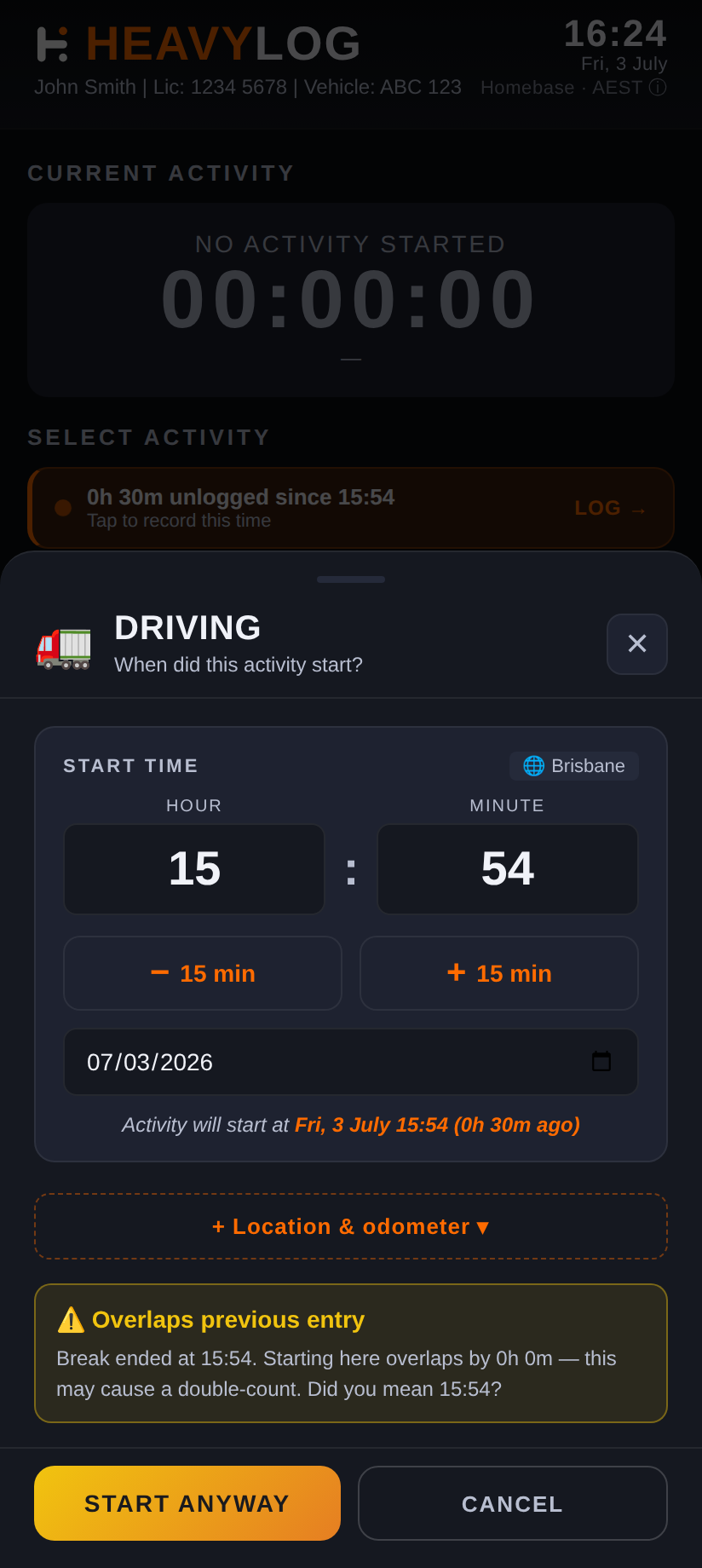Start time modal with limit warnings