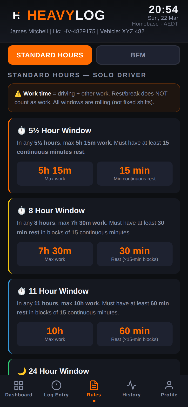 Rules tab showing Standard Hours