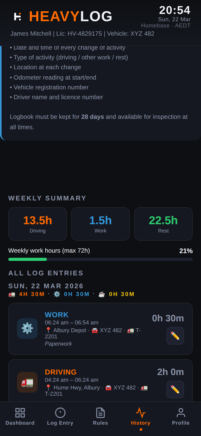 History tab with weekly summary and log entries