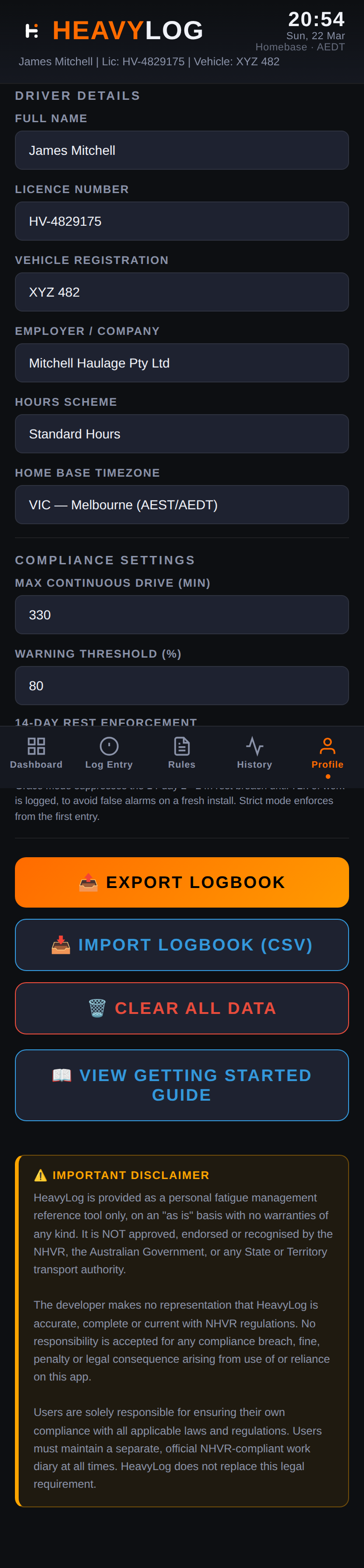 Profile tab with driver details, settings and action buttons