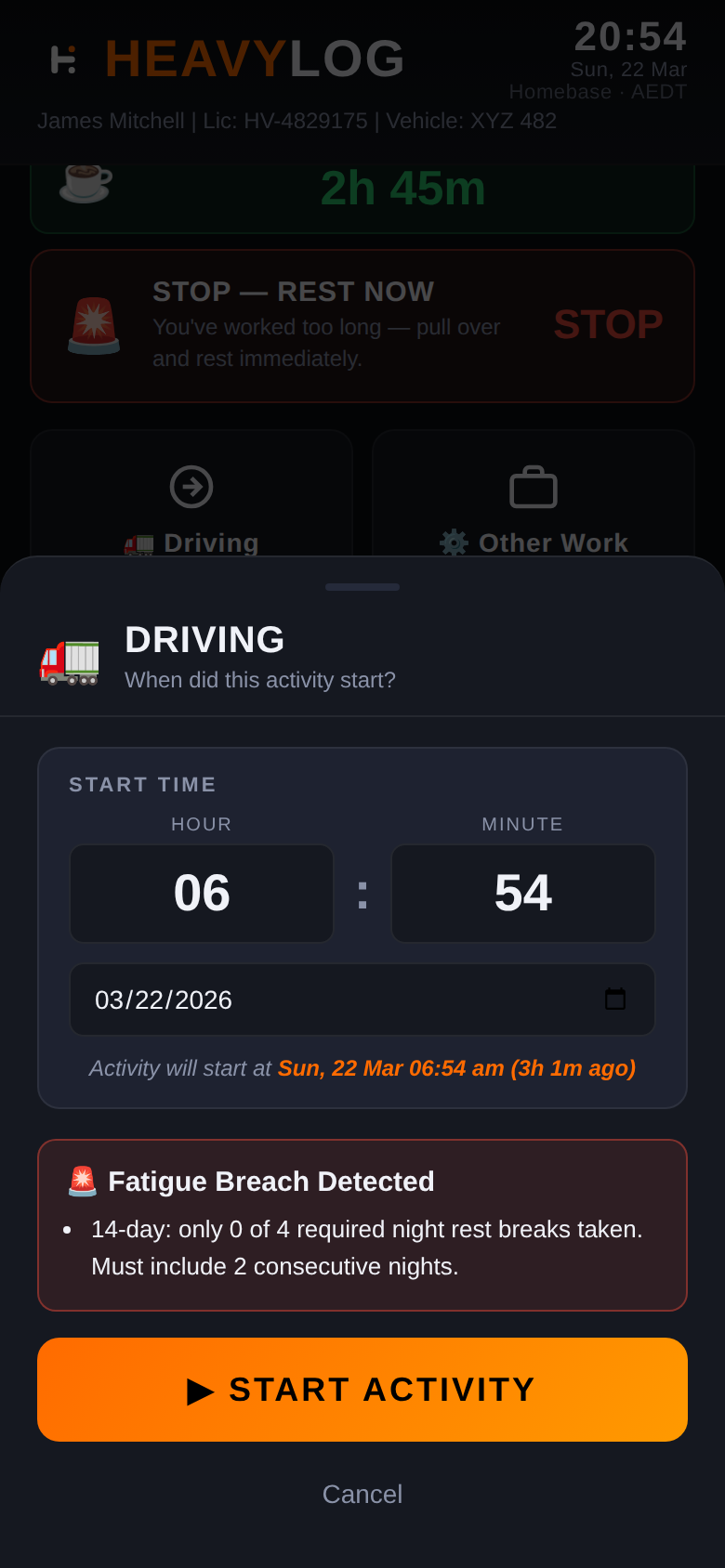 Start time modal with limit warnings